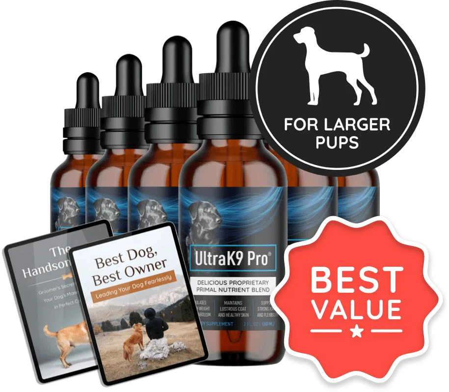 Six bottle best value pack of UltraK9 Pro dog supplement